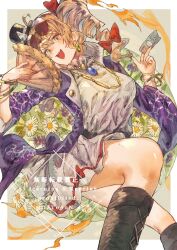 1girl absurdres banknote boots breasts coat dress drill_hair eyewear_on_head fire floral_background hand_fan hat highres holding holding_fan long_sleeves looking_at_viewer medium_breasts medium_hair money oftooon orange_eyes orange_hair purple_coat ribbon smile solo touhou twin_drills watermark white_dress yorigami_jo&#039;on