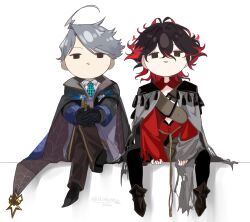 2boys :&gt; absurdres argyle_clothes argyle_sweater_vest between_legs black_coat black_eyes black_gloves black_hair black_pants black_shoes brown_pants brown_shoes checkered_necktie chest_belt chibi cloak coat collared_shirt colored_inner_hair curly_hair dante_alighieri_(fate) dante_alighieri_(second_ascension)_(fate) fate/grand_order fate_(series) frill_inferno gloves green_necktie grey_cloak grey_hair hand_between_legs hands_on_own_knee highres hood hood_down hooded_coat james_moriarty_(rule)_(first_ascension)_(fate) james_moriarty_(ruler)_(fate) layered_sleeves lightning_ahoge long_sleeves looking_at_viewer medium_hair multicolored_hair multiple_boys necktie open_clothes open_coat own_hands_together pants parted_lips patterned_clothing pinstripe_pants pinstripe_pattern purple_sweater_vest puzzle_piece_print red_hair red_shirt rope_belt shirt shoes short_hair simple_background sitting sweater_vest tassel torn_cloak torn_clothes torn_coat torn_shirt two-tone_hair white_background white_shirt