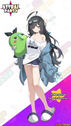 1girl ahoge astral_party black_hair copyright_logo copyright_name full_body green_eyes hair_ornament hairclip highres holding holding_stuffed_toy jacket long_hair loose_clothes mask mask_on_head mengzhao_(astral_party) messy_hair official_art open_clothes open_jacket second-party_source shirt shorts simao_(x_x36131422) sleep_mask sleeves_past_wrists slippers stuffed_toy tachi-e wide_sleeves zhao_(astral_party)