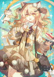 1girl animal_ear_fluff animal_ears bag black_bow blonde_hair bow cake cake_slice cat cat_ears cat_girl dress food gift hair_bow hair_ornament highres holding jacket long_hair long_sleeves looking_at_viewer miximixi multicolored_hair open_mouth original shoulder_bag smile solo star_(symbol) tail two_side_up yellow_eyes