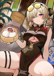 1girl ahoge bare_shoulders black_dress blonde_hair breasts china_dress chinese_clothes closed_mouth clothing_cutout commentary_request dated dress eyes_visible_through_hair eyewear_on_head food hair_over_one_eye headgear highres indoors kkkula_(kula) large_breasts looking_at_viewer paid_reward_available pelvic_curtain purple_eyes short_hair signature smile solo spread_legs squatting steamed_bun sunglasses sweety_(zenless_zone_zero) thighs tinted_eyewear underboob underboob_cutout yellow-tinted_eyewear zenless_zone_zero
