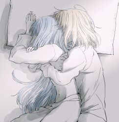 2girls bang_dream! bang_dream!_it&#039;s_mygo!!!!! blonde_hair blue_hair commentary cuddling highres himmel_(keine_haare) long_hair long_sleeves lying medium_hair misumi_uika multiple_girls on_side pillow shirt sleeping symbol-only_commentary togawa_sakiko yuri