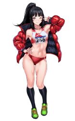 1girl armpits black_socks blue_eyes blush breasts buruma eyebrows_hidden_by_hair full_body green_shoes hands_on_own_hips highres jacket lips looking_at_viewer medium_breasts medium_hair navel open_mouth original ponytail red_buruma red_jacket shoes simple_background smile sneakers socks solo stomach track_uniform v volyz white_background