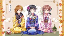 3girls adagaki_aki black_eyes black_gloves black_hair blue_kimono blunt_bangs blush braid brown_eyes brown_hair closed_mouth floral_print fujinomiya_neko fur_trim gloves hair_between_eyes hair_ornament highres japanese_clothes kimono koiwai_yoshino light_brown_hair long_sleeves looking_at_viewer masamune-kun_no_revenge mole mole_under_eye multiple_girls new_year obi open_mouth pink_kimono sash sitting smile third-party_edit tiv wide_sleeves yellow_kimono