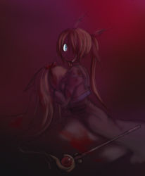 Rule 34 | 00s, 0lilylily0, 2girls, blonde hair, blood, blood on clothes, blood on hands, blue eyes, brown hair, cape, corpse, cradling head, crazy eyes, creepy, crying, death, dress, fate testarossa, hair ribbon, hakui ami, hand on another&#039;s head, holding, horror (theme), injury, leaning on person, looking at viewer, lyrical nanoha, magical girl, mahou shoujo lyrical nanoha, multiple girls, purple eyes, raising heart, raising heart (accel mode), red hair, ribbon, shaded face, sitting, staff, takamachi nanoha, takamachi nanoha (aggressor mode), tears, twintails, white devil, white dress, wide-eyed