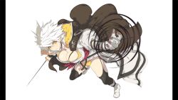 Rule 34 | 1girl, absurdres, aura, bandaged arm, bandages, black thighhighs, breasts, cleavage, highres, holding, holding sword, holding weapon, japanese clothes, kimono, large breasts, miyabi (senran kagura), non-web source, official art, panties, pillarboxed, senran kagura, senran kagura burst re:newal, shoes, short hair, slit pupils, solo, sword, thighhighs, underwear, weapon, white background, white hair, white kimono, white shoes, yaegashi nan, yellow eyes, yellow panties