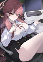 1girl absurdres aru_(blue_archive) blue_archive breasts chair computer corded_phone crossed_legs desk fur-trimmed_jacket fur_trim halo highres holding holding_phone horns jacket laptop large_breasts long_hair looking_at_viewer miniskirt office_chair pencil_skirt phone pink_hair pink_halo shirt shirt_tucked_in side_slit sitting skirt solo swivel_chair thighs tol10131 white_shirt yellow_eyes