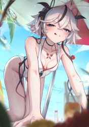 1girl :q absurdres all_fours alternate_costume aton_(user_kufr5245) bare_legs bare_shoulders beach_umbrella black_eyes black_flower blake_bloom_(wuthering_waves) blue_sky blurry blurry_foreground blush breasts camellya_(wuthering_waves) casual_one-piece_swimsuit cleavage closed_mouth collarbone commentary day flower hair_flower hair_ornament hair_vines highres legs looking_at_viewer medium_breasts one-piece_swimsuit outdoors red_pupils short_hair sky smile solo swimsuit tacet_mark_(wuthering_waves) thighs tongue tongue_out umbrella wet white_hair white_one-piece_swimsuit wuthering_waves
