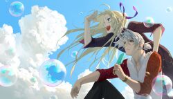 2boys :d alternate_costume antonio_salieri_(fate) black_pants black_shirt blonde_hair blue_sky bubble closed_mouth cloud cloudy_sky day fangs fate/grand_order fate_(series) food frown green_eyes grey_hair hair_intakes hair_ribbon hand_on_another&#039;s_shoulder holding holding_food holding_popsicle knee_up leaning_forward long_hair long_sleeves looking_ahead male_focus medium_hair multiple_boys open_mouth outdoors pants ponytail popsicle purple_ribbon red_eyes red_sleeves ribbon scar scar_on_neck shading_eyes shirt sitting sky smile watch white_shirt wide_shot wolfgang_amadeus_mozart_(fate) wristwatch yodo