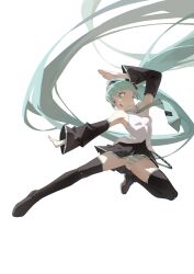 1girl 200f_(nifu) absurdly_long_hair absurdres aqua_hair aqua_necktie aqua_panties black_boots black_skirt black_sleeves boots breasts detached_sleeves flying_kick hatsune_miku highres kicking long_hair miniskirt necktie panties pleated_skirt shirt simple_background skirt sleeveless sleeveless_shirt small_breasts solo striped_clothes striped_panties thigh_boots triangle_mouth twintails underwear very_long_hair vocaloid white_background white_panties white_shirt