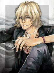 1boy ai_(ai1470) alternate_costume beard_stubble black_jacket black_shirt bleach blonde_hair bracelet cigarette commentary commentary_request facial_hair hair_between_eyes holding holding_cigarette jacket jewelry knee_up looking_at_viewer male_focus necklace open_clothes open_jacket ring shirt short_hair simple_background smile smoke solo stubble teeth urahara_kisuke yellow_eyes