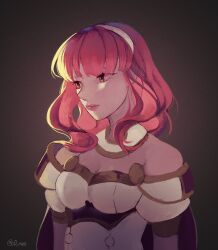 1girl absurdres armor breastplate breasts celica_(fire_emblem) choker cleavage cones_(c0_nes) fire_emblem fire_emblem_echoes:_shadows_of_valentia highres lipstick long_hair makeup medium_breasts nintendo princess red_eyes red_hair solo tiara white_armor