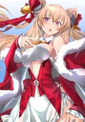 1girl absurdres bell blush breasts bridal_gauntlets brown_eyes cape commentary_request detached_collar fur-trimmed_cape fur_trim hair_bell hair_between_eyes hair_ornament hair_ribbon highres johnston_(christmas)_(kancolle) johnston_(kancolle) kantai_collection large_breasts long_hair looking_at_viewer neck_bell official_alternate_costume red_bridal_gauntlets red_cape red_eyes red_ribbon ribbon skirt solo tsukasa_(tukasa_br) two_side_up white_skirt