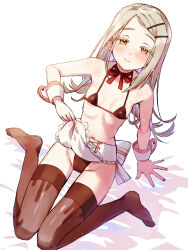 1girl alternate_costume apron apron_lift bare_shoulders bed_sheet bikini black_bikini blush breasts brown_thighhighs closed_mouth clothes_lift commentary_request eyelashes flipped_hair full_body gakuen_idolmaster grey_hair hair_ornament hairclip highres idolmaster lifting_own_clothes long_hair looking_at_viewer maid maid_bikini navel neck_ribbon orange_eyes ribbon shimesu shinosawa_hiro sitting small_breasts smile solo swimsuit tareme thighhighs unconventional_maid waist_apron wariza white_apron white_background wrist_cuffs