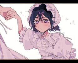 2girls aged_down alien_stage black_hair bonnet commentary dress frilled_bonnet frilled_dress frilled_sleeves frills highres holding_hands kikurage_ii letterboxed multiple_girls out_of_frame parted_lips puffy_short_sleeves puffy_sleeves purple_eyes short_sleeves siblings simple_background sisters solo_focus sua&#039;s_sister_(alien_stage) sua_(alien_stage) symbol-only_commentary white_background white_dress