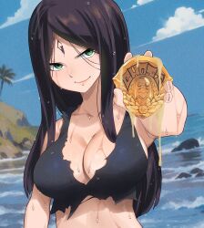 Rule 34 | 1girl, badge, black hair, breasts, cleavage, cloud, collarbone, colorized, dead rock, gaston18, green eyes, highres, large breasts, long hair, looking at viewer, mashima hiro, midriff, mikoto (dead rock), palm tree, sideboob, solo, torn clothes, tree, water, wet