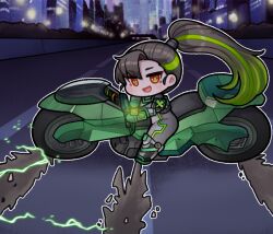 Rule 34 | 1girl, akira (manga), akira slide, black hair, bodysuit, bulga, chibi, clover ace, electricity, green hair, highway, last origin, long hair, looking at viewer, motor vehicle, motorcycle, multicolored hair, on motorcycle, orange eyes, ponytail, solo, tokusatsu, two-tone hair, very long hair