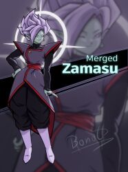 1boy black_bodysuit black_pants bodysuit bonot boots colored_skin dragon_ball dragon_ball_super earrings english_text fused_zamasu green_skin grey_eyes halo hand_on_own_hip jewelry long_sleeves looking_at_viewer one_eye_closed pants pointy_ears potara_earrings red_sash sash smile solo spiked_hair white_footwear white_hair wink