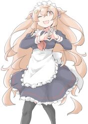 1girl adapted_costume akara_kai apron black_dress black_ribbon black_thighhighs blush breasts brown_eyes brown_hair cosplay dress four-finger_heart_hands frills hair_between_eyes hair_flaps hair_ornament hair_ribbon hairclip harusame_(kancolle) harusame_(kancolle)_(cosplay) harusame_(maid)_(kancolle) heart heart_hands highres kantai_collection large_breasts long_hair long_sleeves looking_at_viewer maid maid_apron maid_headdress murasame_(kancolle) murasame_kai_ni_(kancolle) neckerchief one_eye_closed red_eyes red_neckerchief ribbon smile solo thighhighs two_side_up very_long_hair white_apron