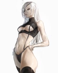 1girl absurdres bikini black_bikini black_thighhighs breasts chainsaw_man cigarette clothing_cutout eyepatch highres long_hair navel quanxi_(chainsaw_man) shiszukaa simple_background small_breasts smoking solo swimsuit thighhighs underboob_cutout white_background white_hair