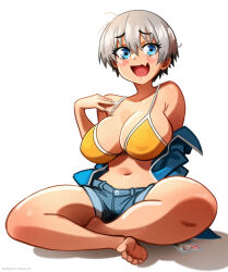 2025 :d absurdres artist_name bare_legs bare_shoulders bikini bikini_top_only blue_eyes blue_jacket blush breasts card covered_erect_nipples denim denim_shorts fang feet full_body grey_hair highres indian_style jacket jacket_partially_removed large_breasts looking_at_viewer midriff navel off_shoulder open_mouth orange_bikini shadow short_hair shorts simple_background sitting skin_fang smile soles stepkingo_art swimsuit thick_thighs thighs toes uzaki-chan_wa_asobitai! uzaki_hana white_background white_trim
