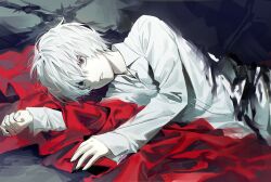 1boy blanket cgvske1003 collared_shirt death_note grey_eyes hair_between_eyes hashtag-only_commentary highres long_sleeves looking_at_viewer lying male_focus messy_hair near_(death_note) on_side pale_skin parted_lips shirt solo upper_body white_hair white_shirt
