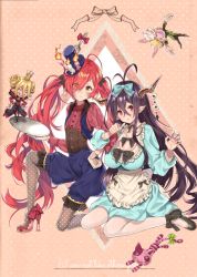 Rule 34 | 2girls, :&lt;, ahoge, alice (alice in wonderland), alice (alice in wonderland) (cosplay), alice&#039;s adventures in wonderland, animal ears, ankle bow, ankle ribbon, anna (granblue fantasy), antenna hair, apron, aqua bow, aqua dress, black bow, black footwear, blonde hair, blouse, blue pants, blue shorts, blush, bow, breasts, candle, candlelight, card, center frills, cheshire cat (alice in wonderland), cheshire cat (cosplay), claw pose, closed mouth, clubs, corset, cosplay, crown, danua, doll, double bun, draph, dress, dress shirt, english text, eyes visible through hair, fire, flat chest, fork, frilled apron, frills, full body, granblue fantasy, grey legwear, hair between eyes, hair bow, hair bun, hair over one eye, harunoibuki, hat, hat ornament, heart, high heels, holding, holding tray, horn ornament, horns, large breasts, leg ribbon, long hair, long sleeves, looking at viewer, mad hatter (alice in wonderland), mad hatter (alice in wonderland) (cosplay), mini hat, mini top hat, multiple girls, on one knee, open clothes, open vest, palms, pants, pantyhose, parted lips, pocket, pointy ears, polka dot, polka dot background, polka dot legwear, purple hair, queen of hearts (alice in wonderland), queen of hearts (cosplay), rabbit ears, red bow, red hair, red shirt, ribbon, shirt, shoes, shorts, sitting, stitched mouth, stitches, stuffed animal, stuffed cat, stuffed toy, tail, tail bow, tail ornament, top hat, tray, very long hair, vest, waist apron, wariza, white apron, white legwear, white rabbit (alice in wonderland), white rabbit (cosplay)