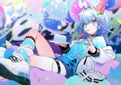 1girl ankle_strap balloon blue_eyes blue_hair blue_shirt blue_shorts blue_socks blurry blurry_background braid bukurote cake choker commentary_request food fork hair_between_eyes hair_flaps happy_birthday hat heart heart_o-ring highres holding holding_plate hololive hololive_dev_is jacket lightning_ahoge long_hair long_sleeves looking_at_viewer loose_socks low_twin_braids lying mizumiya_su mouth_hold multicolored_hair o-ring o-ring_choker o-ring_thigh_strap on_back party_hat pink_hair plate shirt short_shorts shorts socks solo streaked_hair striped_clothes striped_socks thigh_strap tilted_headwear torn_clothes torn_shirt twin_braids utensil_in_mouth virtual_youtuber white_jacket white_sneakers