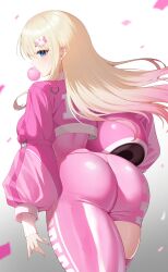 Rule 34 | 1girl, absurdres, artist name, ass, blonde hair, blondedaze, blowing bubble gum, blue eyes, bodysuit, chewing gum, confetti, cropped jacket, ear piercing, earrings, gradient hair, hair ornament, hairpin, helmet, highres, holding, holding helmet, indie virtual youtuber, jacket, jewelry, long hair, long sleeves, multicolored hair, piercing, pink bodysuit, pink hair, pink jacket, pink thighhighs, sakotach, single thighhigh, solo, thighhighs, unworn headwear, unworn helmet, virtual youtuber