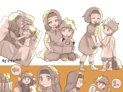 1boy 1girl aged_down alternate_hair_length alternate_hairstyle arms_behind_head arrow_(symbol) blanket blue_oak book brother_and_sister clefairy closed_eyes closed_mouth commentary_request daisy_oak dress eyelashes full_body gen_1_pokemon gigu_(gcsg8448) greyscale_with_colored_background hand_on_another&#039;s_face headband holding holding_book holding_stuffed_toy kneeling long_hair lying nintendo on_side open_book open_mouth pants pillow pokemon pokemon_frlg shirt short_hair short_sleeves shorts siblings sleeping smile socks speech_bubble spiked_hair spoken_arrow stuffed_toy