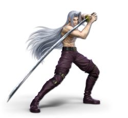 1boy 3d abs arm_up artist_request belt blue_eyes boots closed_mouth fighting_stance final_fantasy final_fantasy_vii forehead full_body grey_hair hair_intakes hand_up happy highres holding holding_sword holding_weapon katana long_hair looking_at_viewer male_focus masamune_(ff7) muscular navel nintendo official_art own_hands_together pants purple_boots purple_pants sephiroth smile solo square_enix standing stomach super_smash_bros. sword thigh_boots thighhighs topless_male transparent_background very_long_hair weapon white_background white_hair