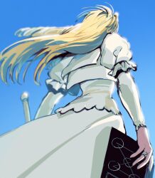 1girl blonde_hair blue_background book commentary dress floating_hair from_behind highres holding holding_book holding_weapon jewelry konjiki_no_gash!! long_hair long_sleeves open_book ozaki_(tsukiko3) puffy_short_sleeves puffy_sleeves ring sherry_belmont short_sleeves simple_background solo weapon white_dress