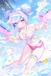+_+ 1girl :q bikini bikini_under_clothes blue_hair blue_sandals blue_sky blush breasts cleavage cloud commentary_request crop_top day double_bun hair_bun highres holding hoshifuru_ameru indie_virtual_youtuber komachi_pochi large_breasts leaning_forward looking_at_viewer multicolored_hair navel off-shoulder_shirt off_shoulder official_art outdoors palm_tree pink_bikini pink_hair polka_dot polka_dot_bikini purple_eyes sandals see-through_clothes see-through_shirt shirt short_sleeves sky solo streaked_hair swimsuit tied_shirt tongue tongue_out tree virtual_youtuber visor_cap water water_gun wet wet_clothes wet_shirt white_shirt