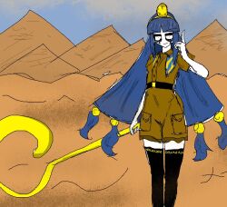 1girl black_eyes black_thighhighs blue_hair egypt gesture hand_up michigami_nareko scepter septemko short_sleeves tagme thighhighs touhou