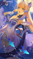 Rule 34 | 1girl, bare shoulders, blunt bangs, bow-shaped hair, breasts, cleavage, detached collar, detached sleeves, genshin impact, gloves, highres, horns, japanese clothes, long hair, long sleeves, medium breasts, moon, night, night sky, nontraditional miko, open mouth, pink eyes, pink hair, sangonomiya kokomi, sky, solo, thighhighs, ushijiya, vision (genshin impact), white gloves, white thighhighs, wide sleeves