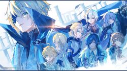 3girls 6+boys aether_(genshin_impact) albedo_(genshin_impact) arlecchino_(genshin_impact) artist_name black_hair blonde_hair blue_eyes brother_and_sister brown_hair capitano_(genshin_impact) dainsleif_(genshin_impact) dress genshin_impact grey_dress grey_hair grey_jacket highres jacket kaeya_(genshin_impact) kukatsuma lumine_(genshin_impact) multicolored_hair multiple_boys multiple_girls scarf siblings skirk_(genshin_impact) streaked_hair tartaglia_(genshin_impact) twitter_username white_dress white_scarf yellow_eyes