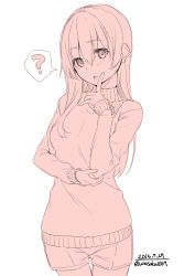 Rule 34 | 1girl, ?, commentary request, confused, cowboy shot, dated, denim, denim shorts, dot nose, eyelashes, finger to cheek, fingernails, hair between eyes, hand on own elbow, head tilt, highres, layered sleeves, light blush, long hair, long sleeves, looking at viewer, monochrome, open mouth, orange theme, original, short shorts, shorts, simple background, single sidelock, sleeves past wrists, solo, spoken question mark, standing, straight hair, sweater, sweater under shirt, tareme, turtleneck, turtleneck sweater, twitter username, unasaka ryou, white background