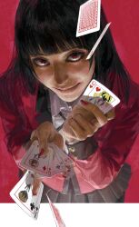 1girl black_hair black_skirt blazer blunt_bangs card formal_clothes highres hime_cut holding holding_card hyakkaou_academy_school_uniform jabami_yumeko jacket kakegurui long_hair looking_at_viewer playing_card red_eyes red_jacket red_nails red_suit school_uniform sheruff1010 shirt skirt smile solo suit very_long_hair white_shirt