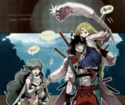 Rule 34 | ..., 1boy, 2girls, :d, arm warmers, black hair, blonde hair, blue skirt, brown eyes, brown footwear, clenched teeth, closed eyes, copyright name, day, fildea (pixiv fantasia new world), frown, green eyes, grey hair, grey horns, heterochromia, holding, holding weapon, horns, long hair, long sleeves, looking at viewer, multiple girls, nerine (pixiv fantasia new world), open mouth, outdoors, pantyhose, pixiv fantasia, pixiv fantasia new world, pointy ears, red pantyhose, scarf, scratching, shiroton (kazamineko), shoes, sitting on shoulder, skirt, smile, speech bubble, sword, teeth, third eye, translation request, very long hair, wavy hair, weapon, white scarf