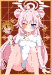 1girl absurdres ahoge barefoot blue_archive blue_eyes blush breasts closed_mouth commentary_request double_bun hair_between_eyes hair_bun hair_ornament heterochromia highres holding hoshino_(blue_archive) hoshino_(flowery_charms)_(blue_archive) long_hair looking_at_viewer mahjong_soul pink_hair sen_chan_(akane1023) short_sleeves sitting small_breasts solo star_(symbol) star_hair_ornament very_long_hair yellow_eyes