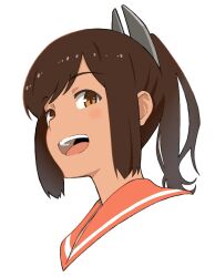 Rule 34 | 1girl, akitetsu, blush, brown eyes, brown hair, head only, highres, i-401 (kancolle), kantai collection, looking at viewer, open mouth, ponytail, sailor collar, short hair, simple background, smile, solo, tan, upper body, white background