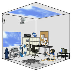 1girl akg barefoot black_hair chair cloud computer computer_keyboard diving_mask female_focus fire_hydrant flippers game_console goggles headphones innertube laptop oil-paper_umbrella original playstation_2 printer projector raglan_sleeves ruri_(uewtsol) short_hair sky solo swim_ring television trash_can uewtsol umbrella