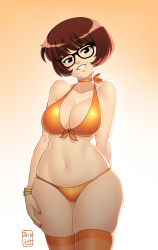 10s 1girl 2017 black_eyes bra bracelet breasts brown_hair choker cleavage collarbone dated freckles glasses grin hand_on_own_leg hanna-barbera highres jewelry large_breasts looking_at_viewer nail_polish navel orange_bra orange_panties orange_socks panties scooby-doo short_hair smile socks standing teeth thighhighs underwear velma_dinkley white_background zeshgolden