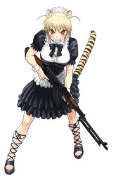 1girl angry animal_ears blonde_hair bow breasts brown_hair bursting_breasts clenched_teeth facial_mark female_focus full_body gun hair_ornament holding holding_weapon large_breasts light_machine_gun looking_at_viewer machine_gun maid official_art official_style red_eyes rifle rpk rpk_(upotte!!) short_hair skirt solo tail teeth tennouji_kitsune tiger_ears tiger_tail upotte!! weapon