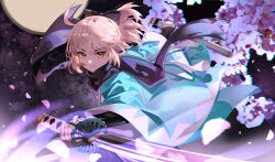 1girl absurdres ahoge black_scarf blue_haori cherry_blossoms fate/grand_order fate_(series) full_moon haori highres holding holding_sheath holding_sword holding_weapon japanese_clothes katana liangyimo moon okita_souji_(fate) okita_souji_(koha-ace) petals pink_hair ponytail reverse_grip scarf sheath short_ponytail sword weapon yellow_eyes