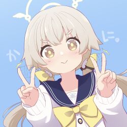 &gt;:) 1girl :&gt; ^^^ blonde_hair blue_archive blue_background blue_sailor_collar bow bowtie bright_pupils brown_eyes buttons cardigan commentary_request double_v hair_between_eyes hair_bow hair_ornament halo hands_up hifumi_(blue_archive) highres kyousuke_(orcein) light_blush long_hair long_sleeves looking_at_viewer low_twintails motion_lines puffy_long_sleeves puffy_sleeves sailor_collar solo tareme twintails upper_body v v-shaped_eyebrows white_cardigan wing_hair_ornament yellow_bow yellow_bowtie yellow_halo