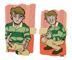 1boy absurdres blue&#039;s_clues brown_eyes brown_hair brown_pants c: closed_mouth collared_shirt expressionless green_shirt half-closed_eyes hands_up highres indoors kipper_goodbreakfast light_frown long_sleeves looking_at_viewer male_focus multiple_views on_one_knee own_hands_together palms_together pants parted_lips polo_shirt ringed_eyes rug sanpaku shirt short_hair signature slav_squatting smile squatting steve_(blue&#039;s_clues) striped_clothes striped_shirt
