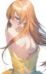 1girl back back_focus blue_eyes brown_hair clothes_down clothes_pull dress dress_pull floating_hair from_behind hair_intakes head_tilt long_hair looking_at_viewer looking_back modern_afro neon_genesis_evangelion open_mouth shoulder_blades solo souryuu_asuka_langley straight_hair upper_body white_background yellow_dress