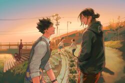 2boys ball black_hair black_hoodie blue_shorts building child collared_shirt commentary commission english_commentary eye_contact haikyuu!! hair_bun hand_in_pocket hebi86070749 highres holding holding_ball hood hood_down hoodie hugging_own_legs kozume_kenma kuroo_tetsurou looking_at_another male_focus multiple_boys multiple_persona necktie outdoors pants power_lines red_necktie red_pants red_track_suit shadow shirt short_hair shorts single_hair_bun sitting sitting_on_stairs smile spiked_hair stairs sunset t-shirt teeth track_suit volleyball_(object) watch white_shirt wing_collar wristwatch yellow_eyes