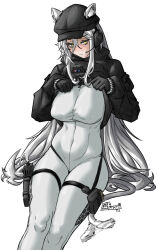 1girl animal_ears arknights artist_name black_hat blush bodysuit bodysuit_under_clothes breasts cat_ears cat_tail covered_erect_nipples covered_navel cowboy_shot ears_through_headwear furauji grey_hair hat headphones holster invisible_chair large_breasts looking_to_the_side schwarz_(arknights) schwarz_(skyline)_(arknights) simple_background sitting skin_tight solo sweater tail tail_wagging thigh_holster twitter_username